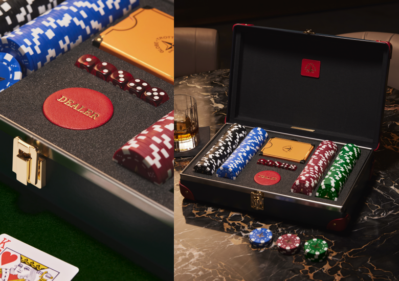 Colourful poker set in case with black foam inserts.